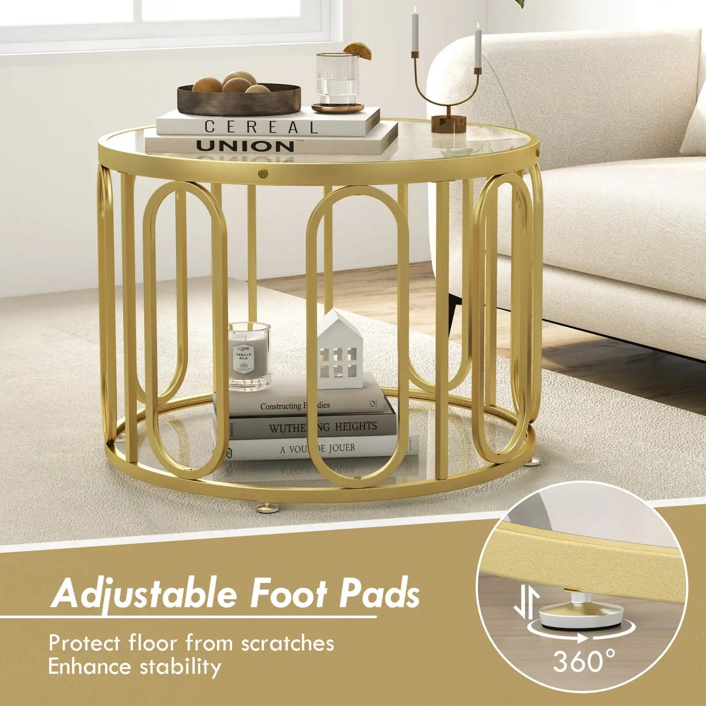 Round Coffee Table Tempered Glass Top & Oval Swivel Brackets