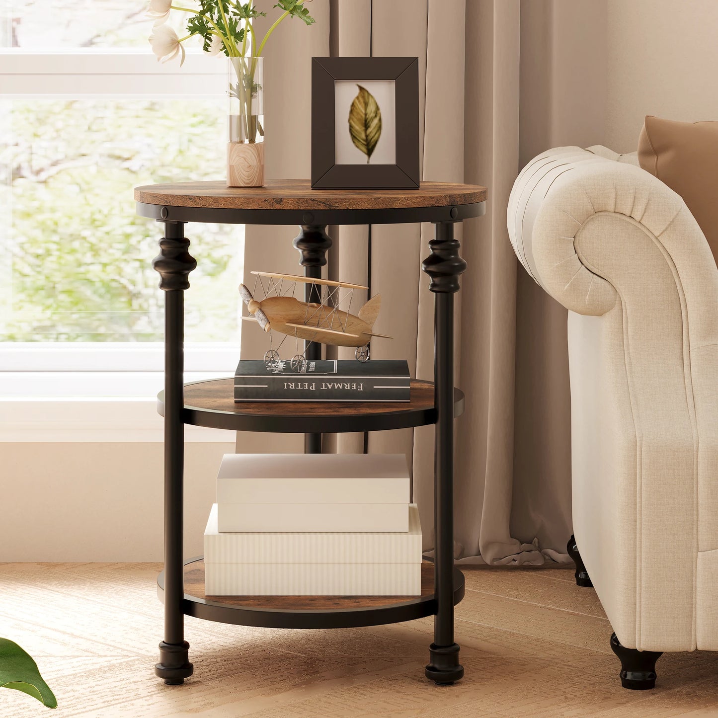 Round Side Living Room Accent Table With Storage Shelf