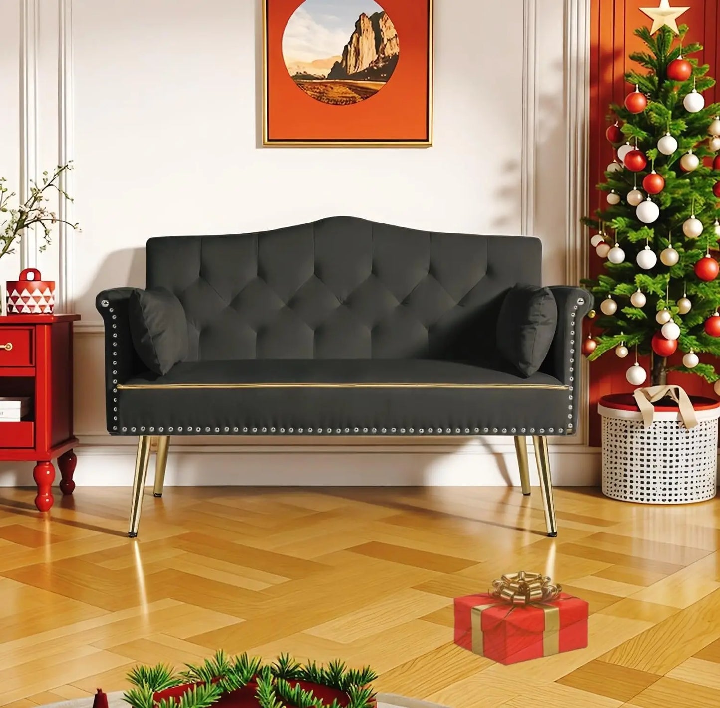 Small Velvet Loveseat Sofa with Metal Legs