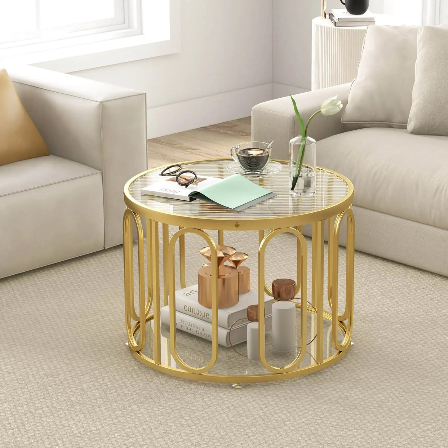 Round Coffee Table Tempered Glass Top & Oval Swivel Brackets