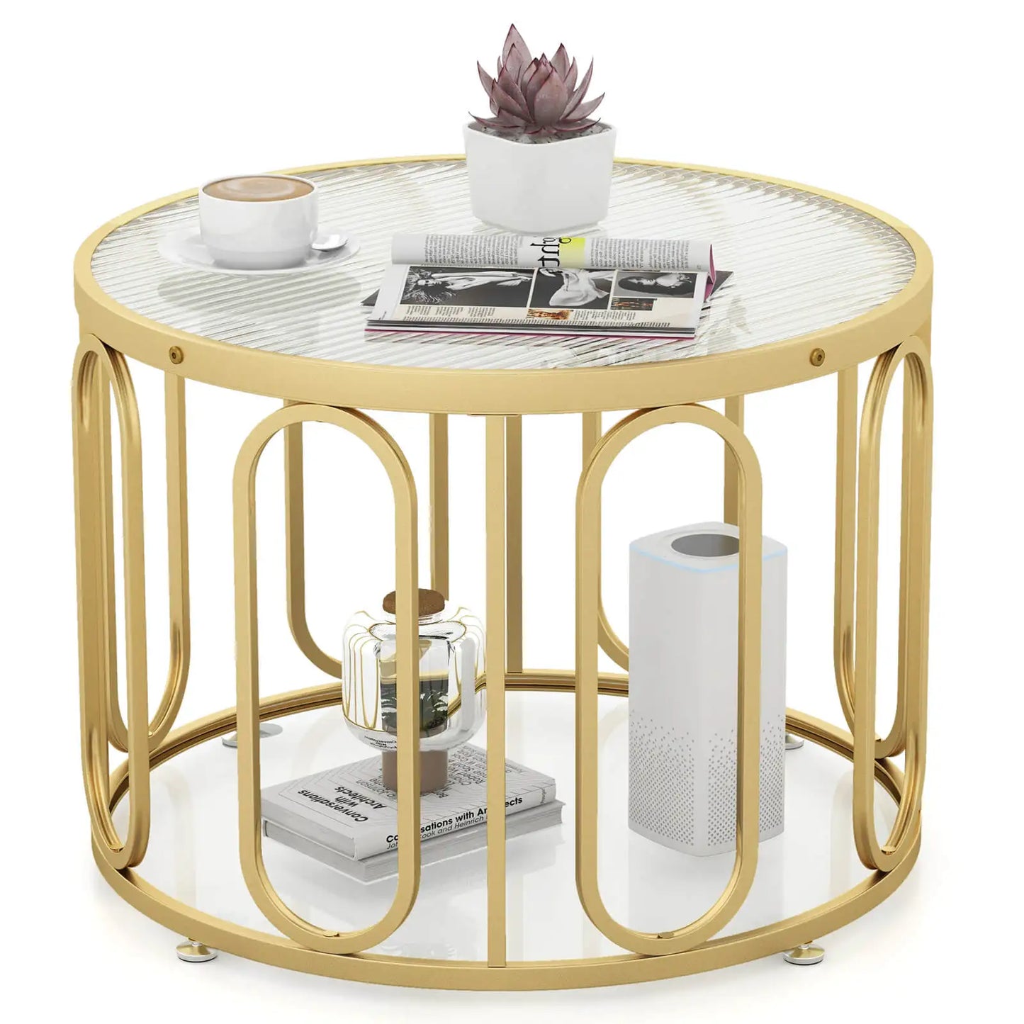 Round Coffee Table Tempered Glass Top & Oval Swivel Brackets