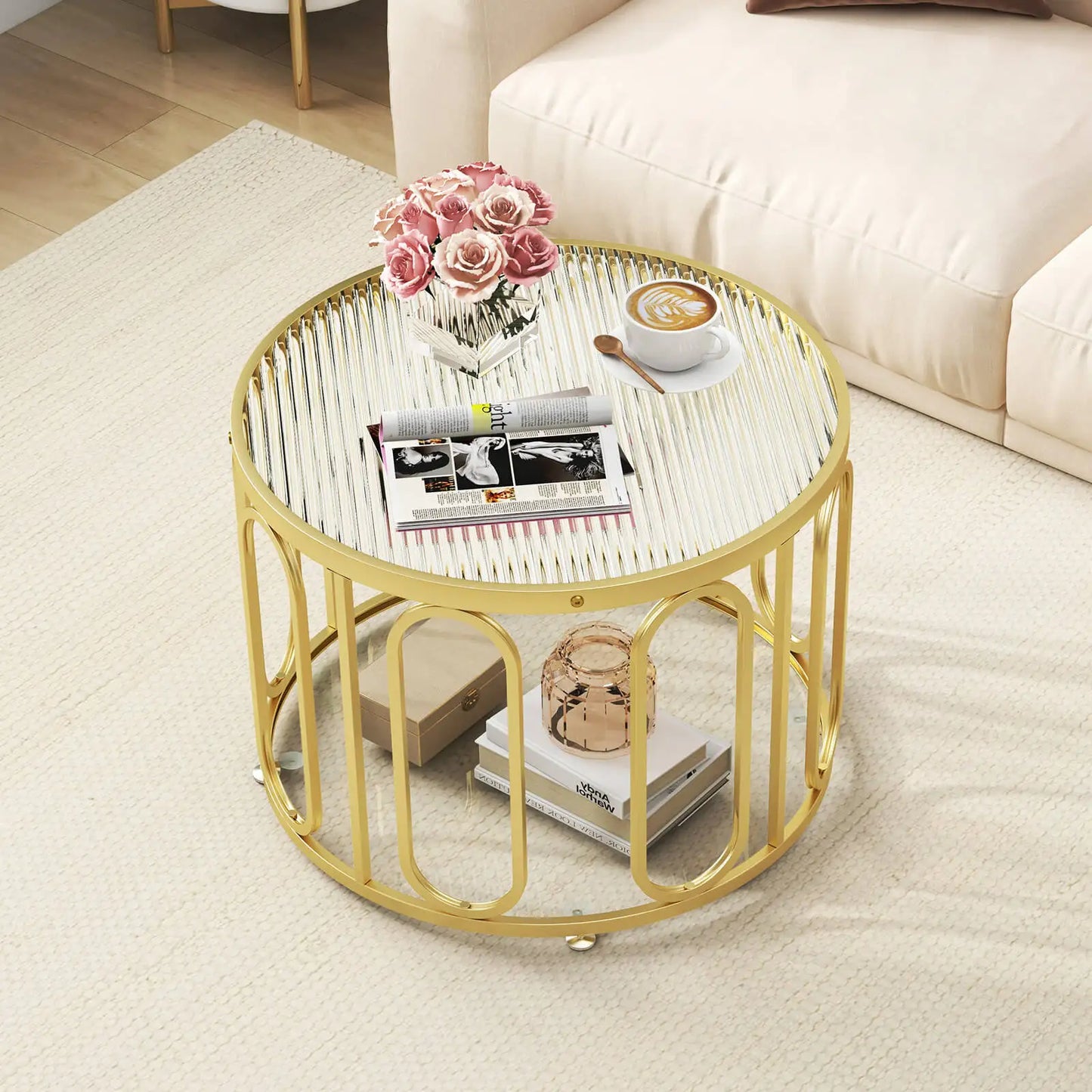 Round Coffee Table Tempered Glass Top & Oval Swivel Brackets