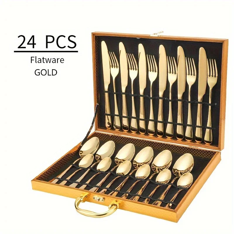 24pcs Elegant Stainless Steel Black Flatware Set